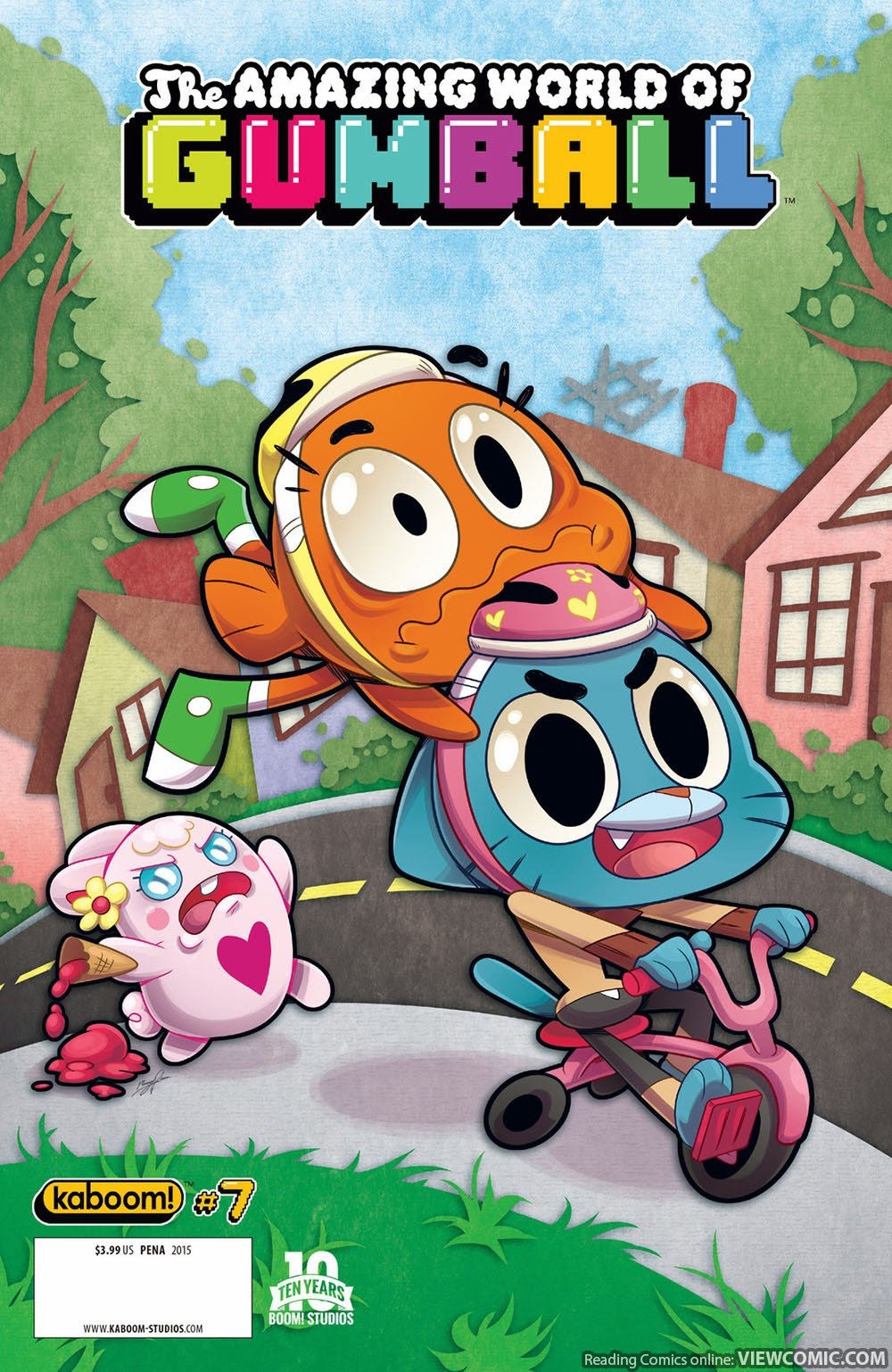 Cover of The Amazing World of Gumball comic with colorful characters on a street, including a fish with a cap, a blue character with a pink hat on a bike, and a pink creature holding an ice cream cone.