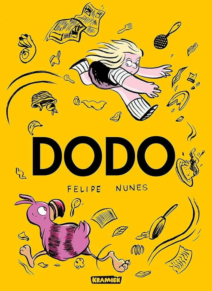 Book cover for 'Dodo' by Felipe Nunes, illustrated with a yellow background, depicting a girl with glasses and long hair flying, and a purple rabbit with a pink tongue, surrounded by scattered papers, a ball, and a frying pan.