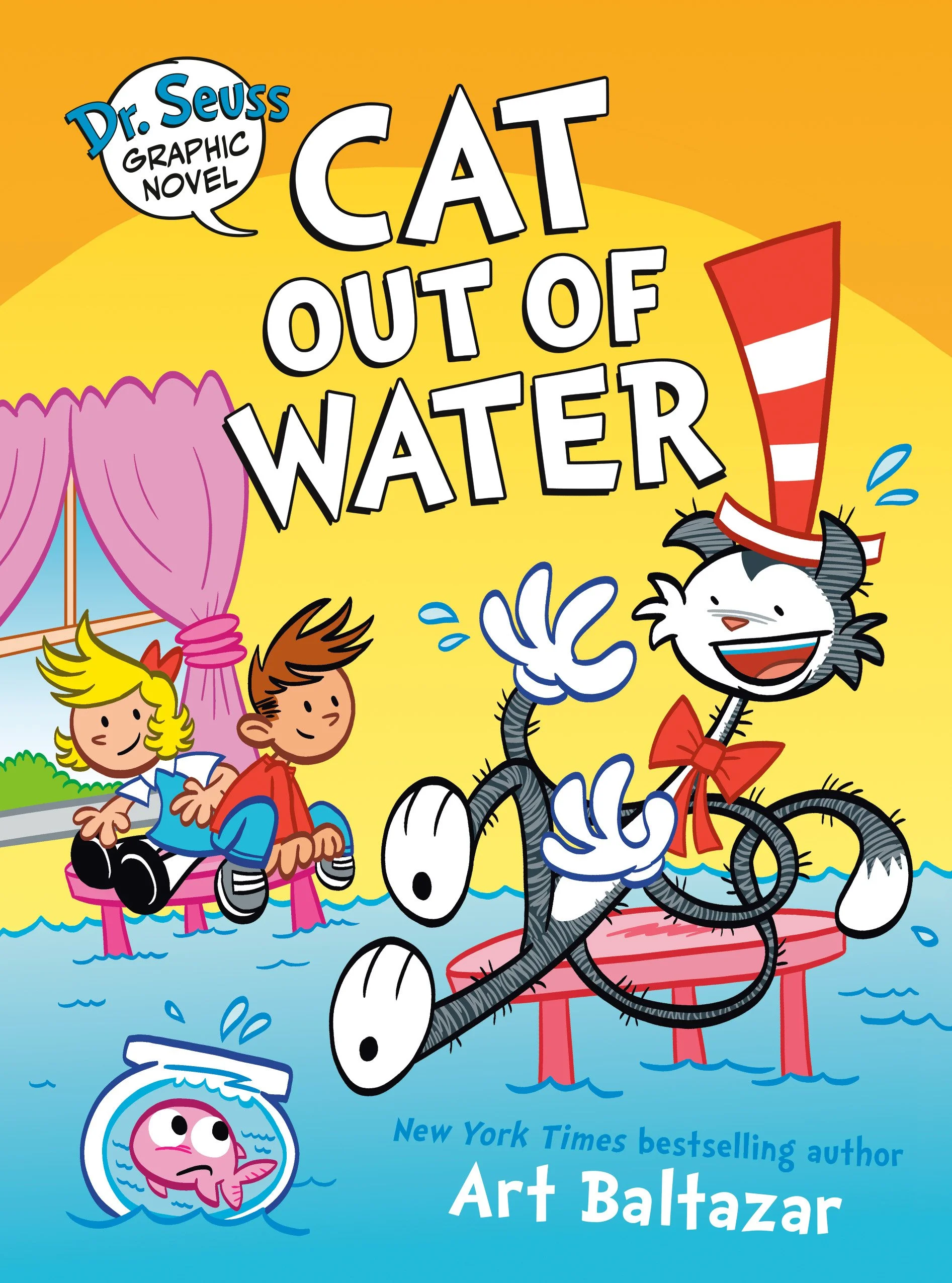Cover of the children's book 'Cat Out of Water' by Art Baltazar featuring a cartoon cat in a red and white striped hat, smiling and jumping out of the water with two kids sitting on a dock in the background.