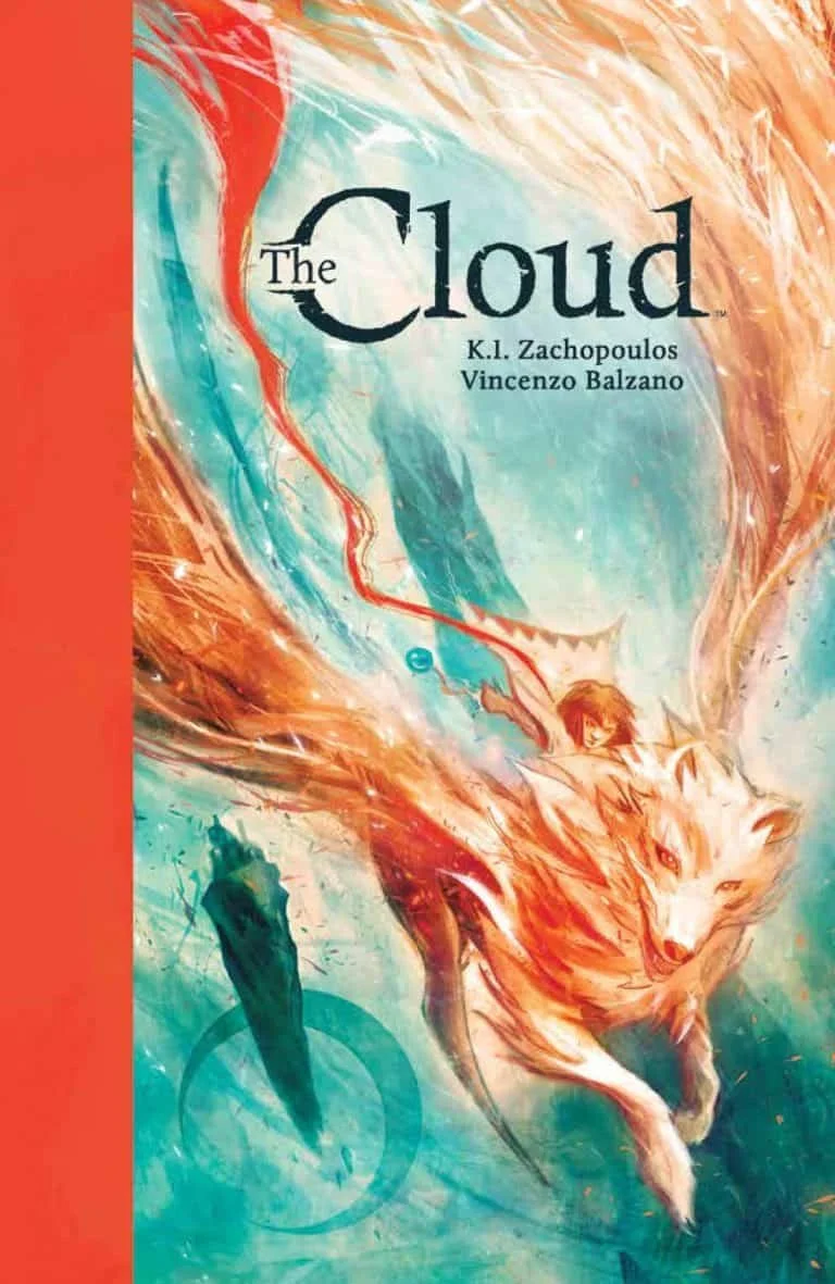 Book cover titled 'The Cloud' by K.I. Zachopoulos and Vincenzo Balzano. The cover art features a stylized illustration of a wolf with a young girl riding on its back, surrounded by swirling clouds and vibrant colors.
