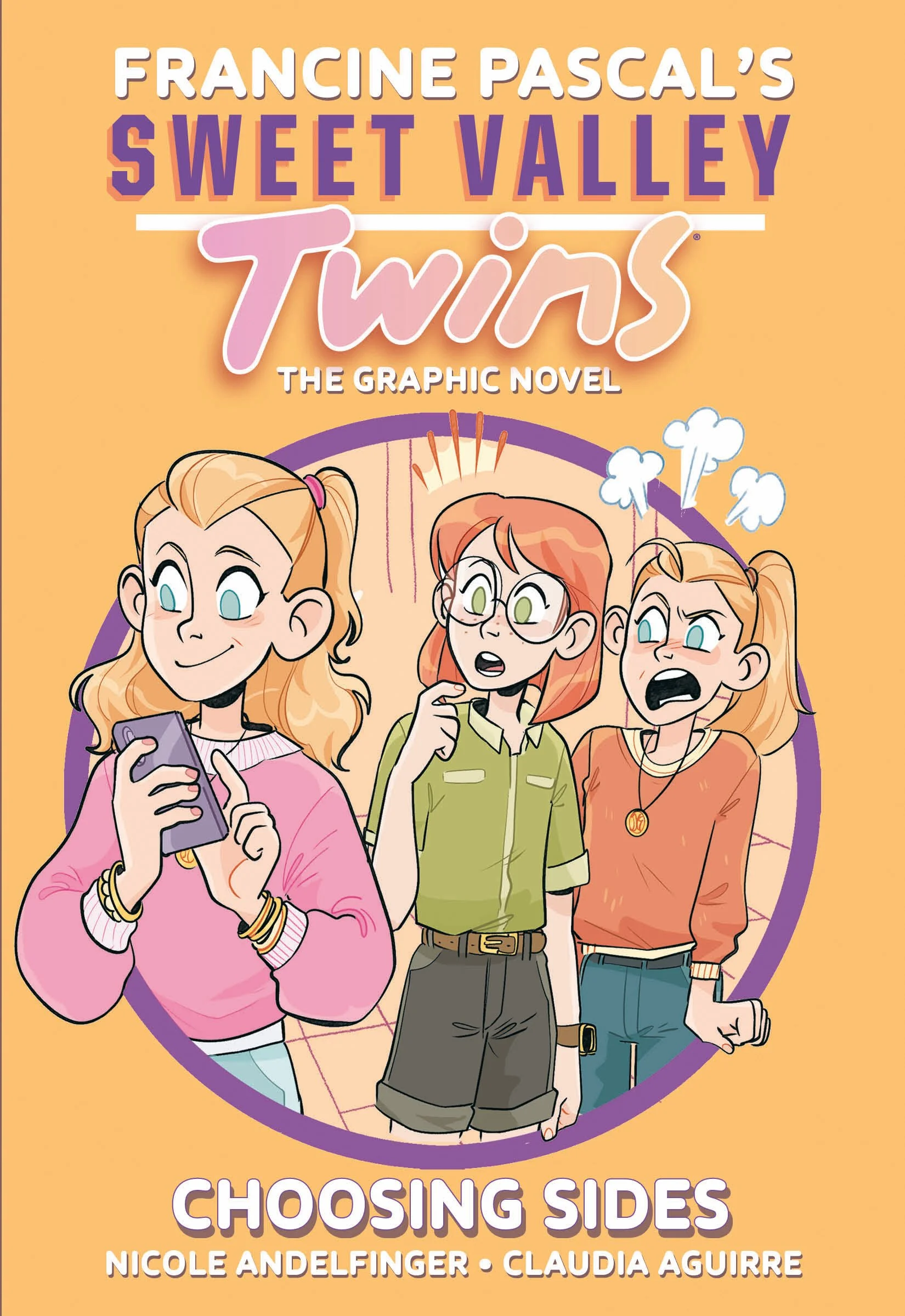 Book cover for Frances Pascal's 'Sweet Valley Twins: Choosing Sides,' featuring three animated girls, one reading a phone, second with glasses looking surprised, and third yelling, set against a peach background.