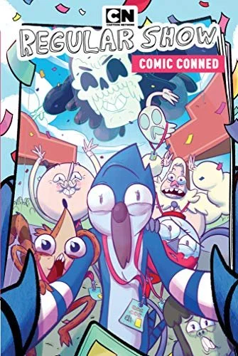 Cover of a comic book titled 'Regular Show' from Cartoon Network, featuring cartoon characters with a skeleton, a bird, and other whimsical characters, surrounded by confetti and colorful background.