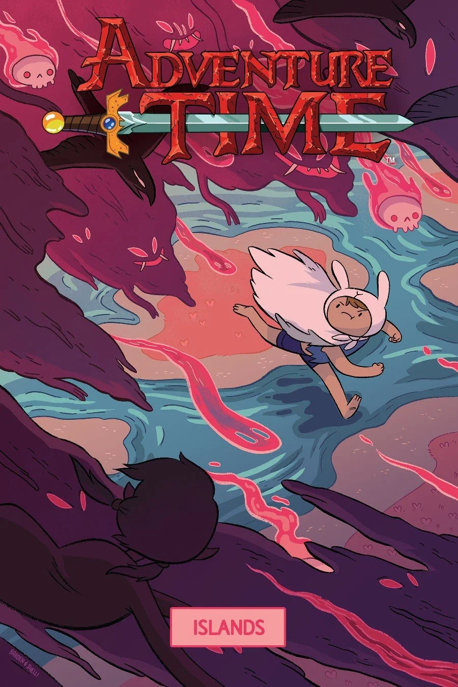 A cartoon-style illustration from the game Adventure Time, showing a character in a bunny outfit running across a colorful, surreal landscape with pink and blue streams, dark trees, and floating pink skulls with trails of pink fire, with the title 'A