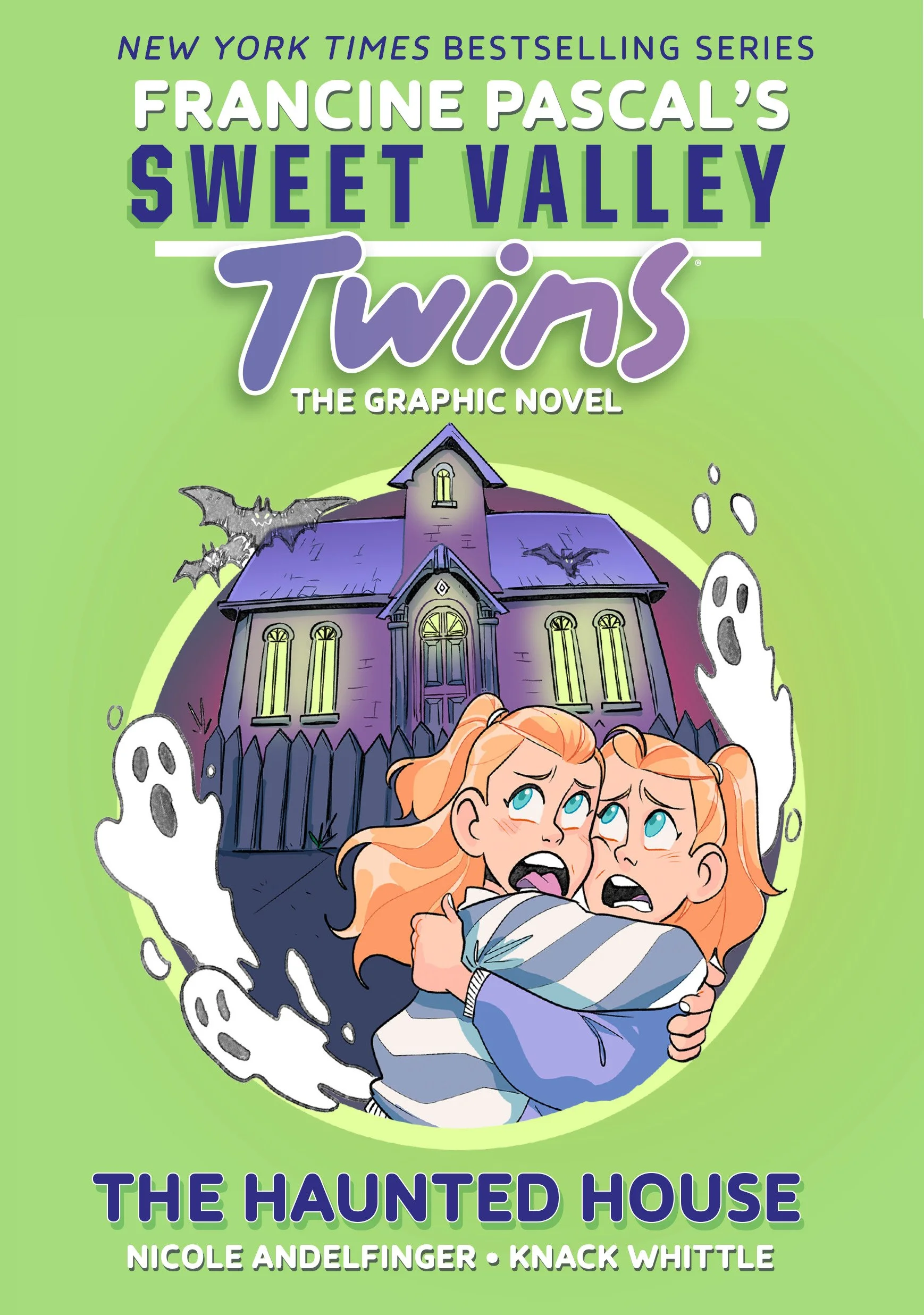 Book cover for 'Sweet Valley Twins: The Haunted House' featuring two scared girls hugging in front of a haunted house with bats, ghosts, and a ghostly glow.
