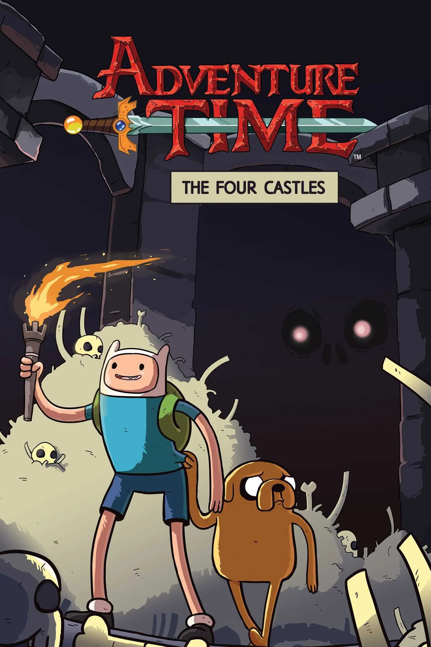 The cover art for 'Adventure Time: The Four Castles' featuring Finn wearing a blue shirt and a hat, holding a torch, with a dog, set in a dark, dungeon-like environment with skulls and bones.