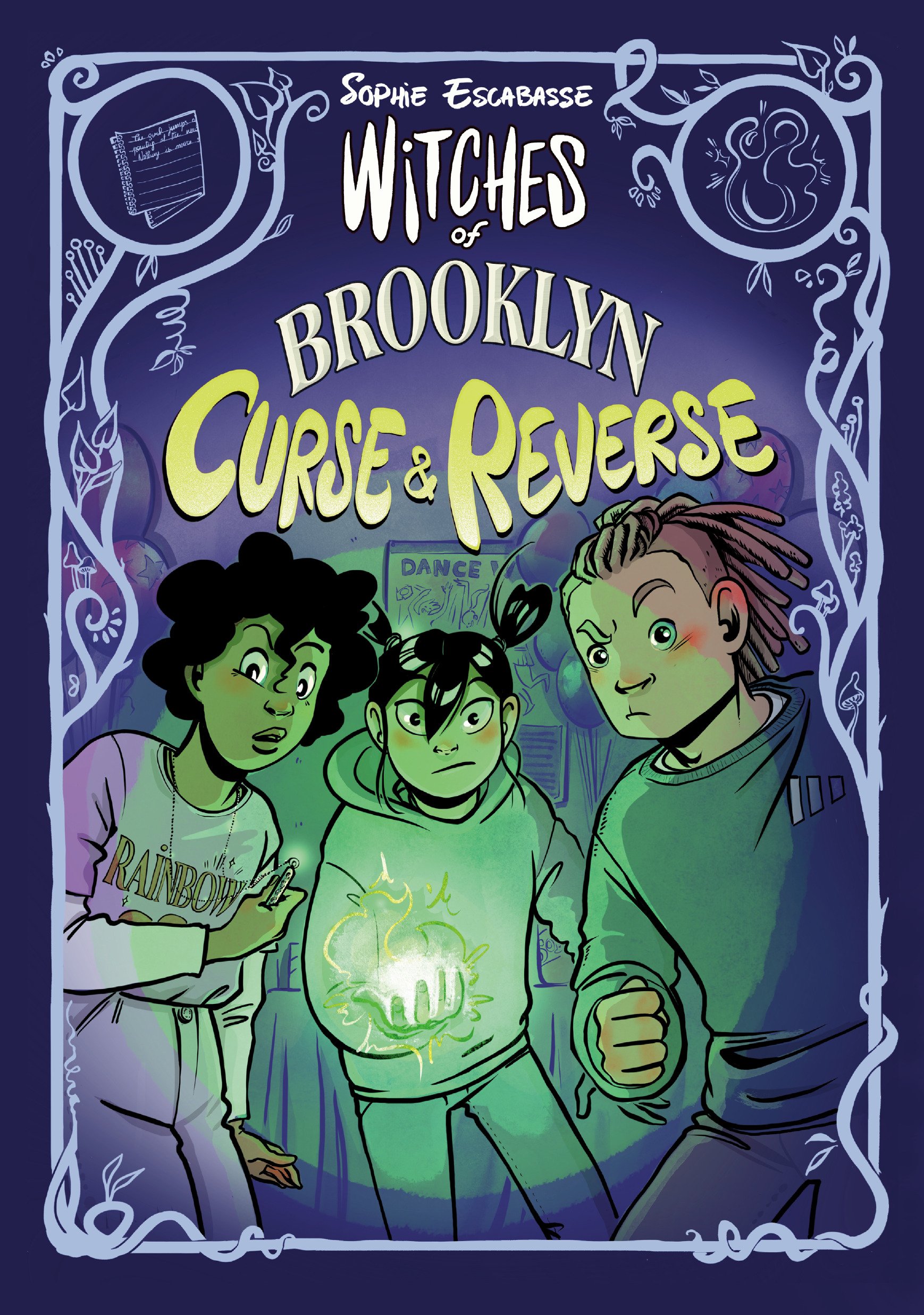 Book cover titled "Witches of Brooklyn: Curse & Reverse" by Sophie Escabasse. Features three children with magical ambiance, one holding a glowing object, with a background of a room with musical instruments and posters. The cover has a decorative bo