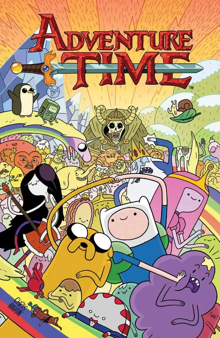 Colorful illustration featuring characters from the animated series "Adventure Time," including Finn the human, Jake the dog, Princess Bubblegum, Lumpy Space Princess, and other fantastical characters.