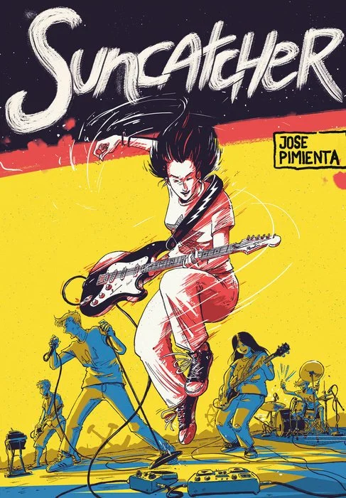 Illustration of a woman with long hair playing an electric guitar on stage, jumping in the air with energetic musicians around her, featuring the title 'Suncatcher' and the artist's name 'Jose Pimenti'.