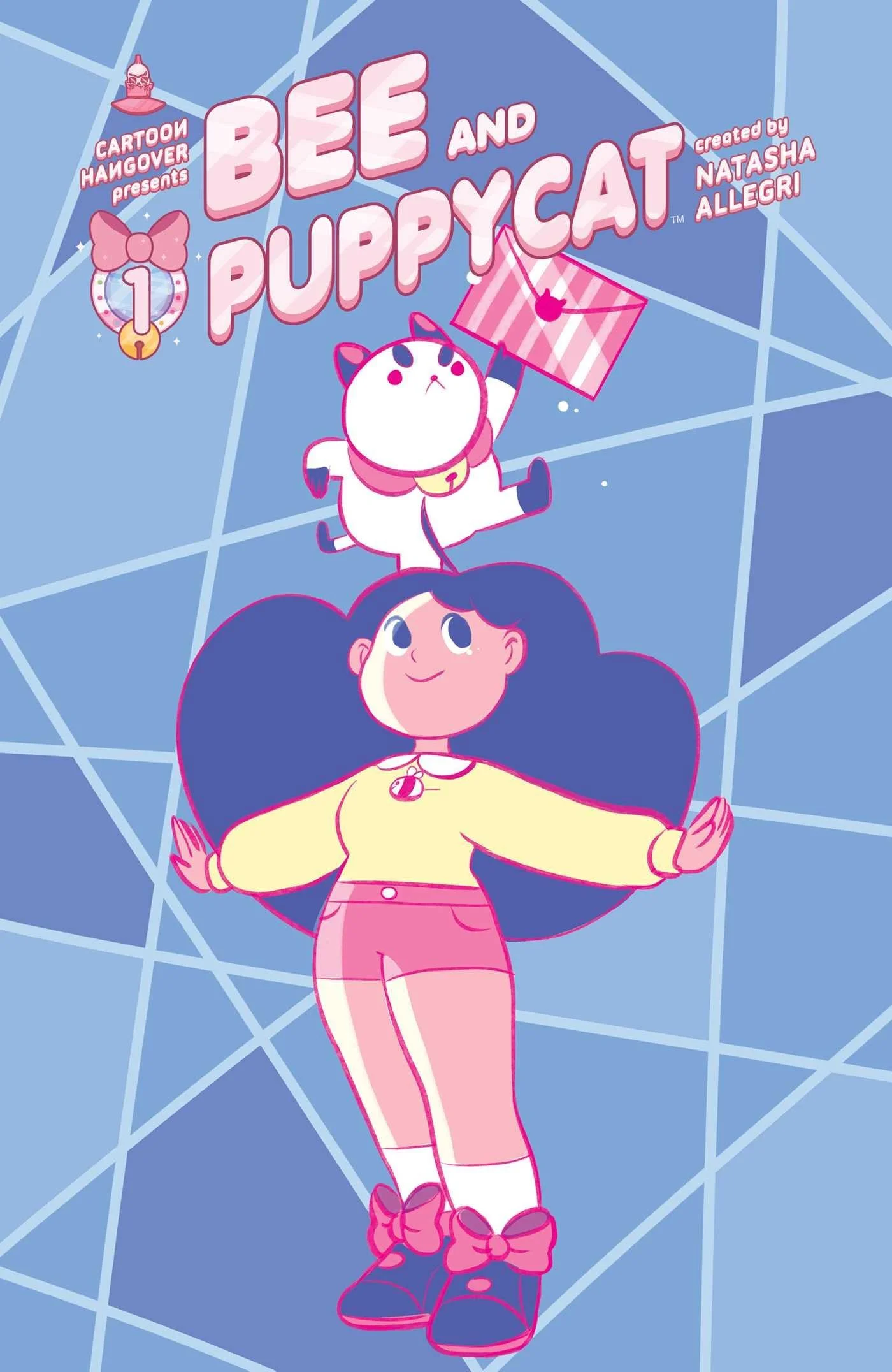 A cartoon illustration of a girl with long dark hair standing with arms outstretched. Above her is a white kitten dressed as a puppy in a puppy costume, holding a pink striped gift box. The background features a blue geometric pattern. The text reads