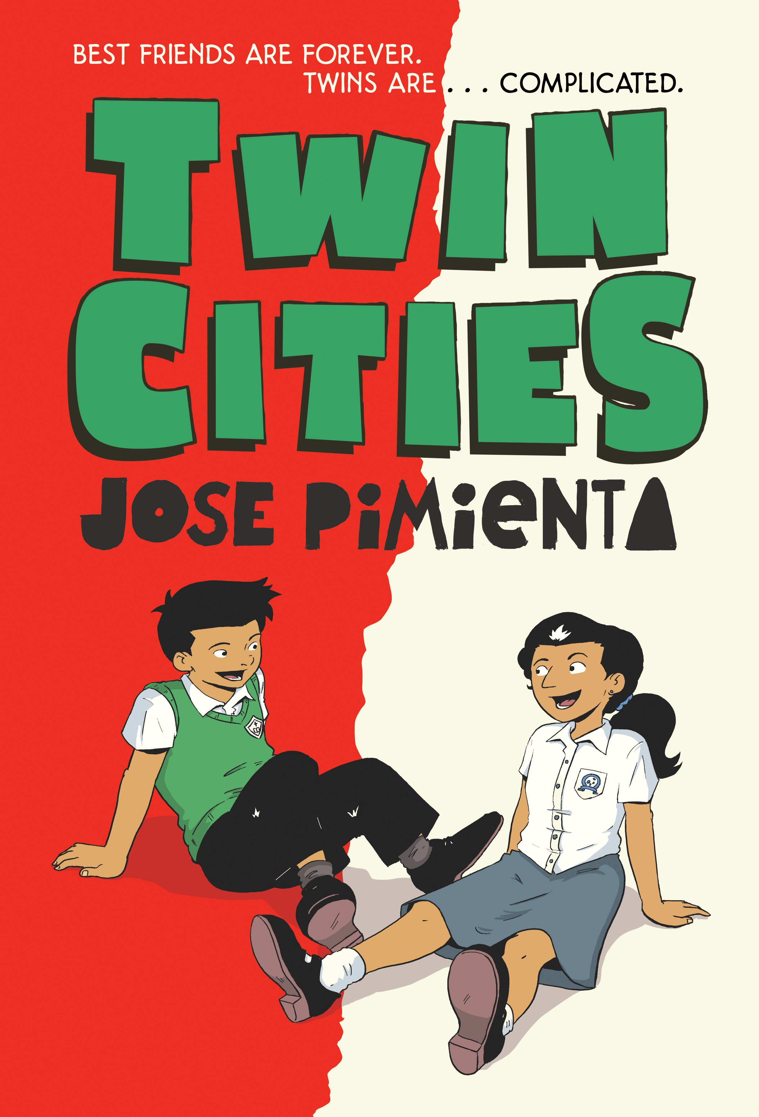 Book cover titled "Twin Cities" by Jose Pimenta with two children sitting on the floor, a boy with dark hair and a girl with dark hair, smiling and wearing school uniforms.