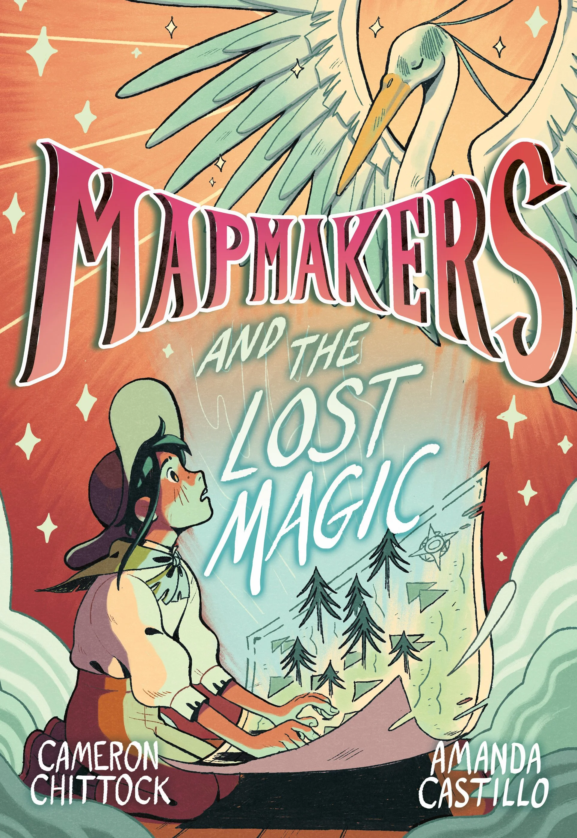 Book cover titled 'Dream Makers and the Lost Magic' featuring a young girl with long dark hair, wearing a hat, sitting in front of a glowing map with trees and mysterious symbols, and a large white heron with sparkling effects in the background.