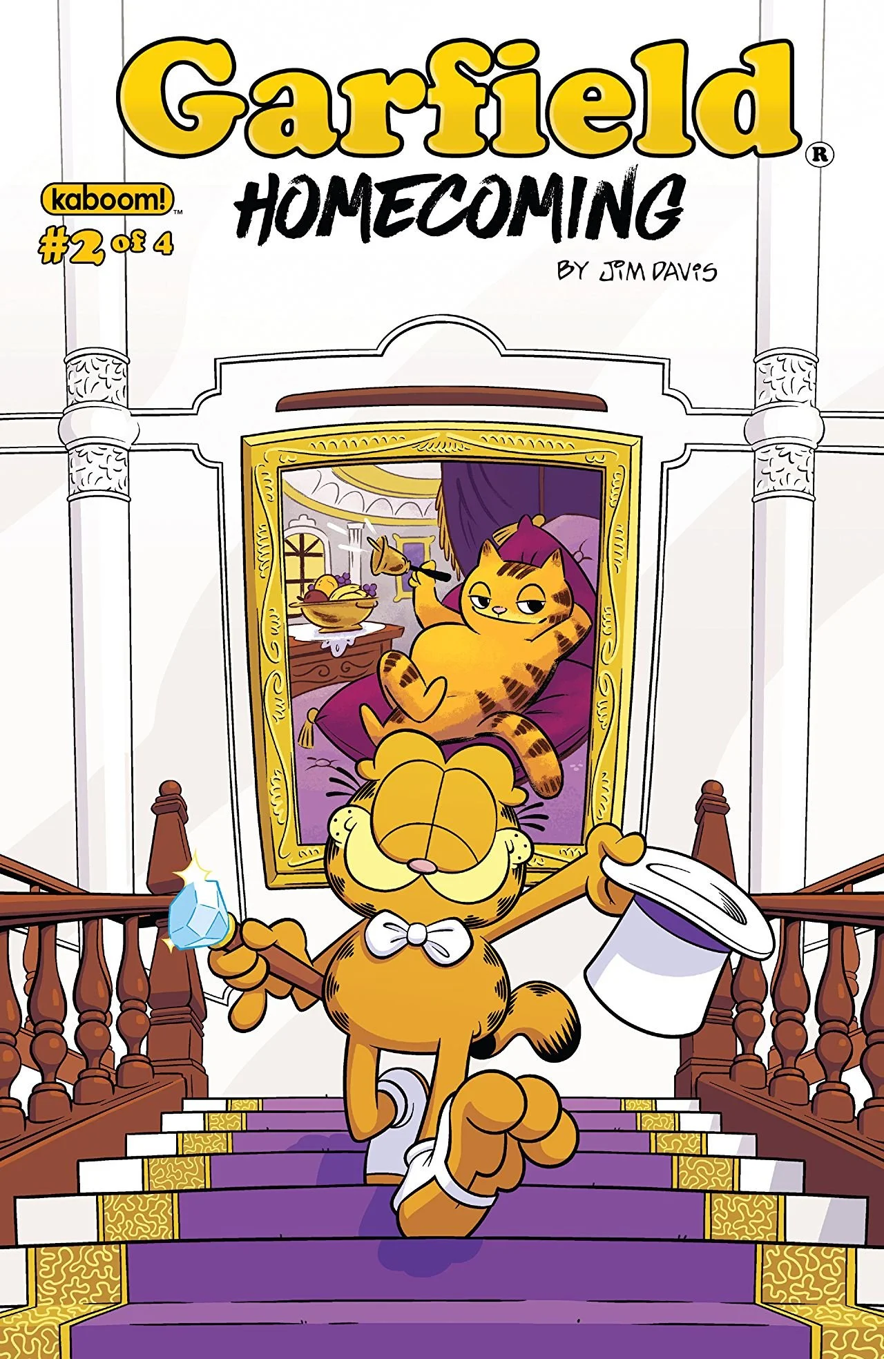 Cover of Garfield comic book titled 'Garfield Homecoming' by Jim Davis, featuring Garfield lounging on a royal purple couch in a mansion, with a smile and holding a bone. Jon, the cartoon cat, is at the bottom of the stairs with a crystal in one hand