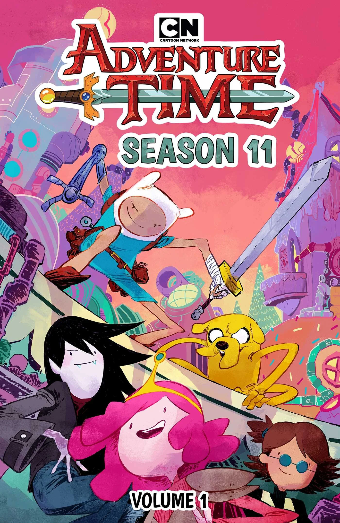 Cover art for Adventure Time Season 11, Volume 1, featuring characters Finn, Jake, Marceline, Bubblegum, and others in a colorful fantasy landscape.