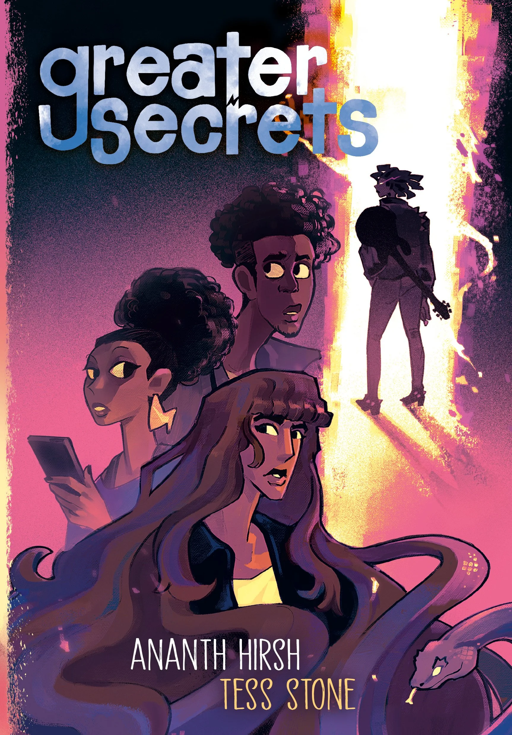 Book cover titled 'Greater Secrets' with illustrated diverse characters, a woman with long hair, a woman with a phone, a man with curly hair, and a silhouetted figure holding a guitar against a colorful background with a snake.
