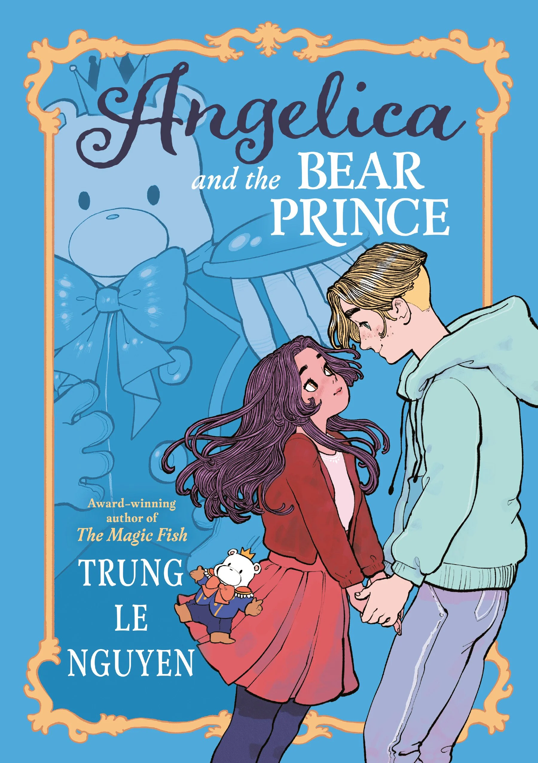 Book cover of "Angelica and the Bear Prince" by Trung Le Nguyen, featuring an illustration of a girl with long hair and a teen with blond hair holding hands, with a background showing a bear and a butterfly.