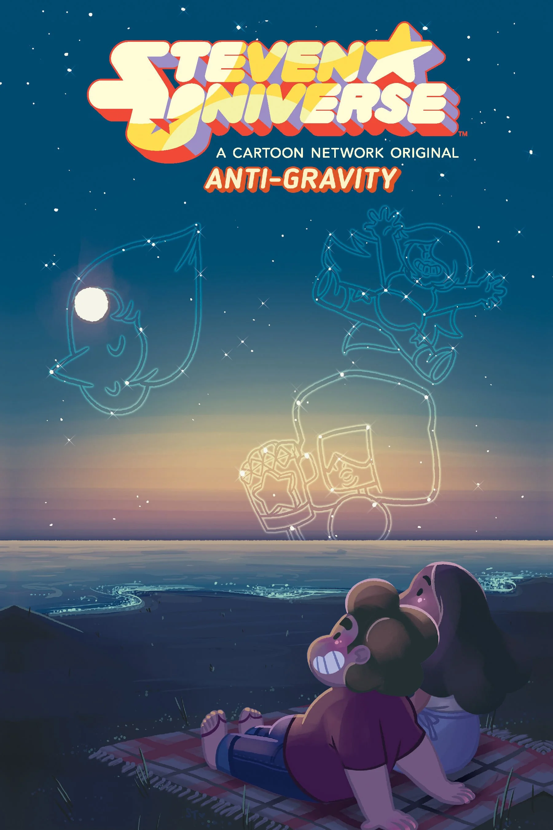 A girl and a boy sitting on a blanket, looking at the night sky filled with glowing constellation shapes of a star, a character with a hat and a sword, a skull, and a beer mug, with the sunset or sunrise on the horizon. The image is styled like a car