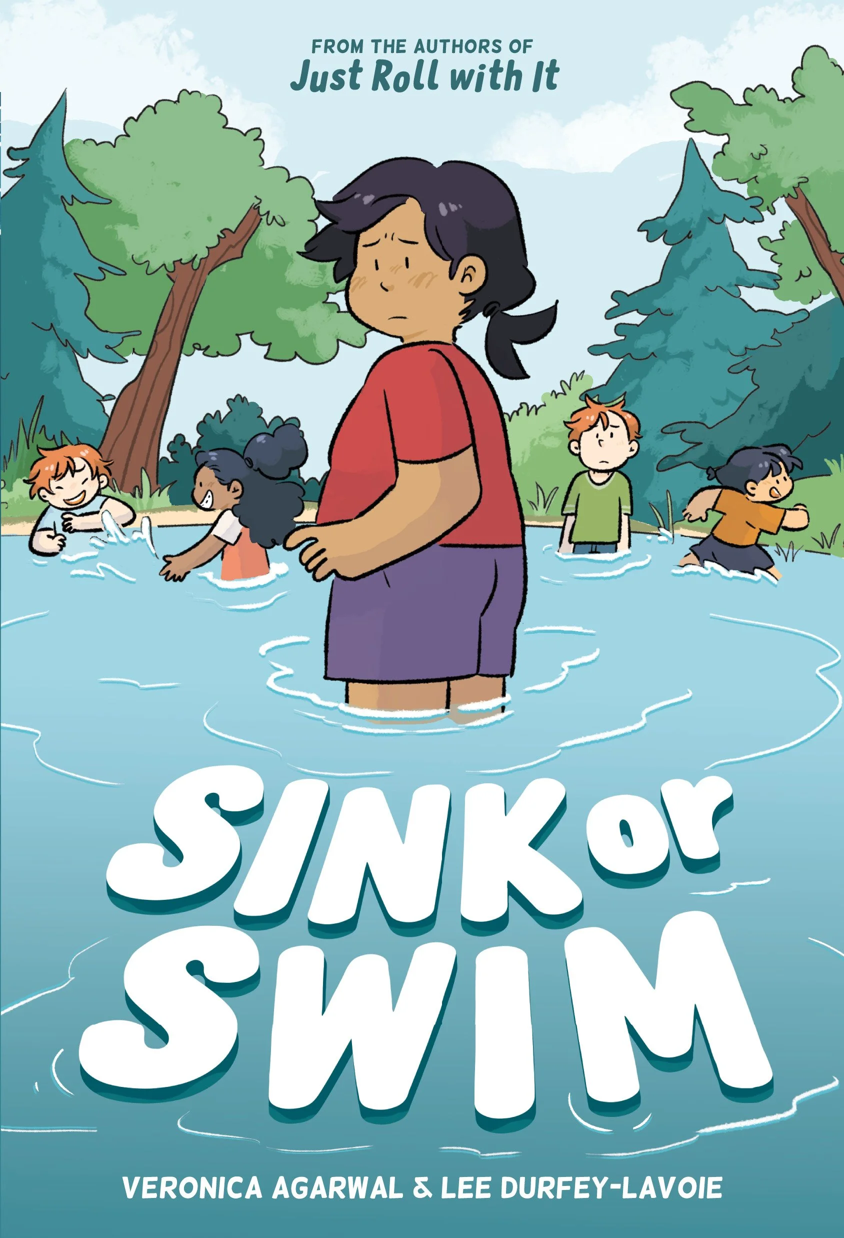 Children swimming in a pond with trees around, a  in a red shirt and purple shorts is in the foreground with a concerned expression. Other kids are playing and splashing in the background. The book title 'Sink or Swim' and authors' names are at the b