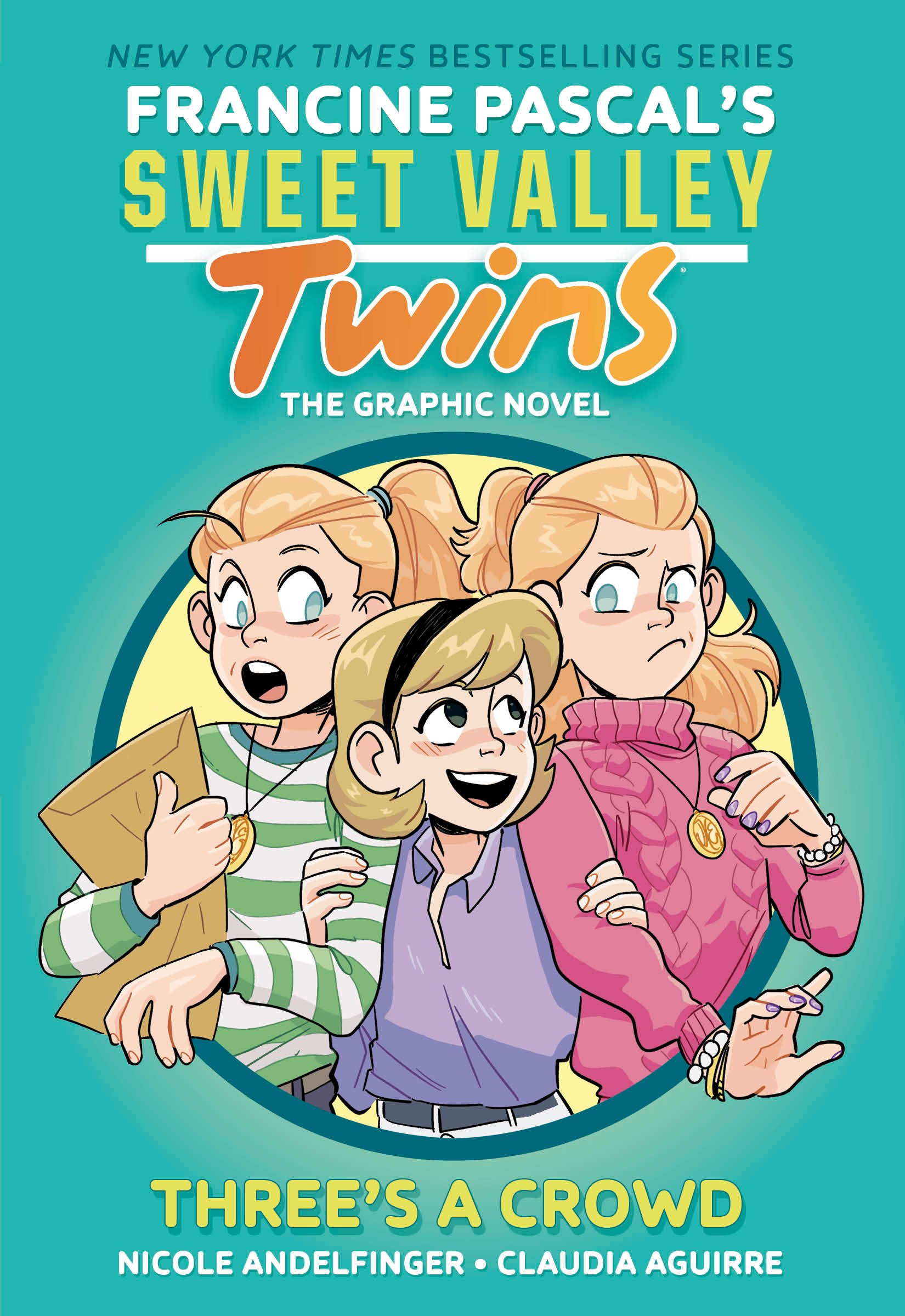 Book cover for "Sweet Valley Twins: Three's a Crowd" showing three animated teenage girls, one with blonde hair in a bob, another with red hair in two ponytails, and the third with light brown hair, all wearing casual clothing with jewelry.
