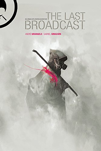 A poster for a show called 'The Last Broadcast' featuring a figure in a hazmat suit holding a rifle, with a cloudy gray background.
