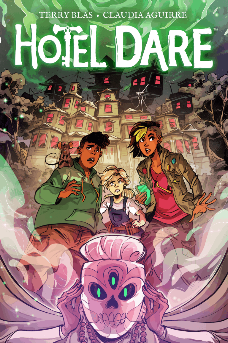 Illustration of three young characters in front of a haunted house with glowing windows, dark trees, and a spooky sky, with a large skull at the bottom. The story title 'Hotel Dare' and authors' names Terry Blas and Claudia Aguirre are displayed at t