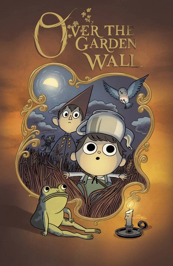 Animated movie poster for "Over the Garden Wall" featuring two young boys, one with a lantern-shaped head, a frog, an owl, and a moonlit night sky.