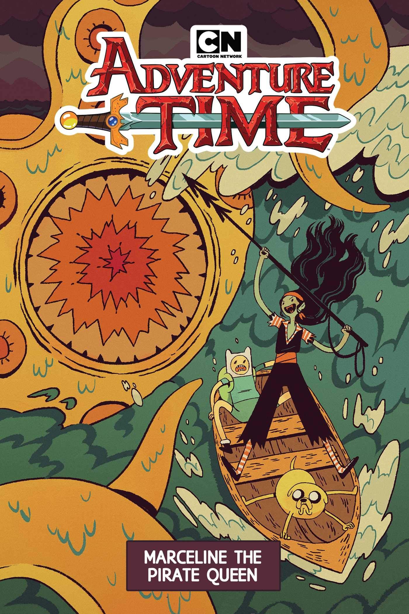 Cover art for the animated series 'Adventure Time' featuring a pirate-themed episode titled 'Marceline the Pirate Queen.' The illustration depicts Marceline, a vampire, singing and playing a bass guitar while standing in a small wooden boat on choppy