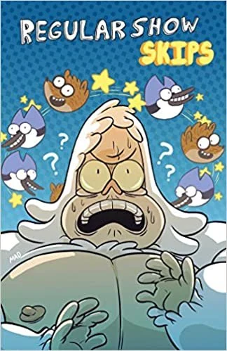 Girl watching a cartoon show called 'Regular Show' with characters skipping and making funny faces, some with question marks and stars around them.