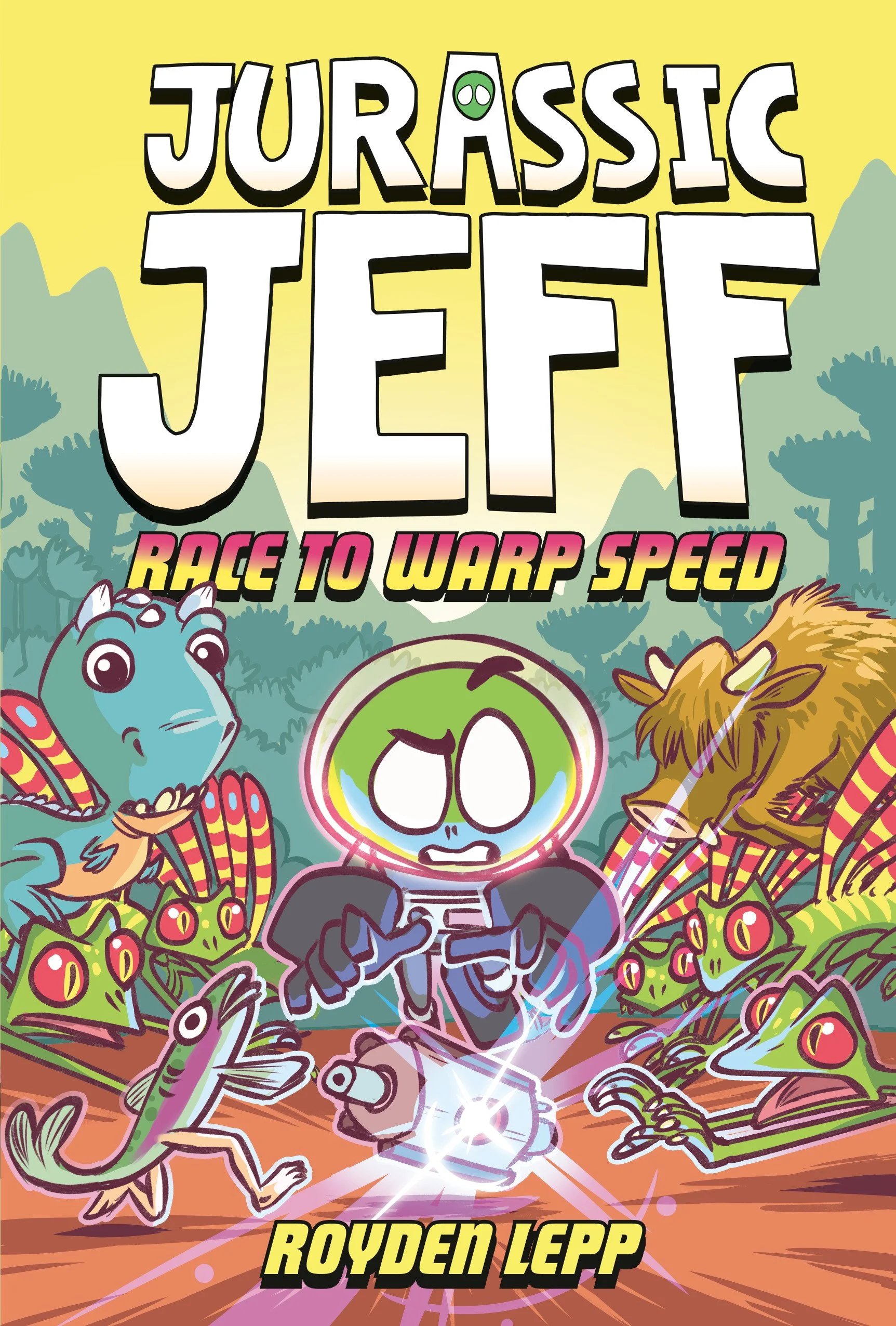 Book cover titled "Jurassic Jeff: Race to Warp Speed" by Royden Lepp, featuring a cartoonish alien with a glowing forehead, surrounded by dinosaurs, fish, and other creatures in a colorful dinosaur jungle setting.