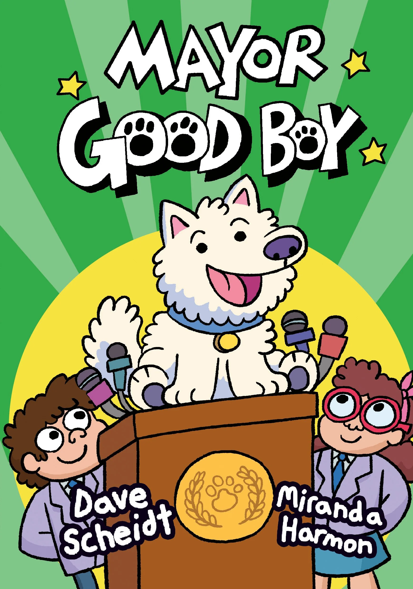 Children and a dog at a podium with the title 'Mayor Good Boy' and author names Dave Scheidt and Miranda Harmon.