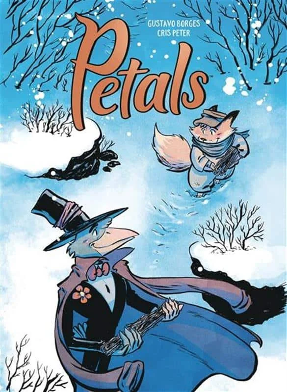Artistic illustration of a winter scene with anthropomorphic animals in a snowy landscape, with the title 'Petals' and the authors' names Gustavo Borges and Cris Peter at the top.