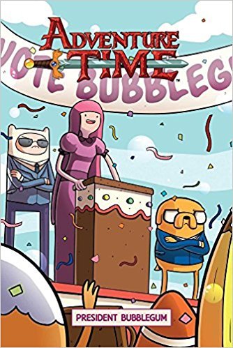 Illustration of characters from Adventure Time at a celebration with a banner for Bubblegum's birthday, featuring cake, balloons, and confetti.