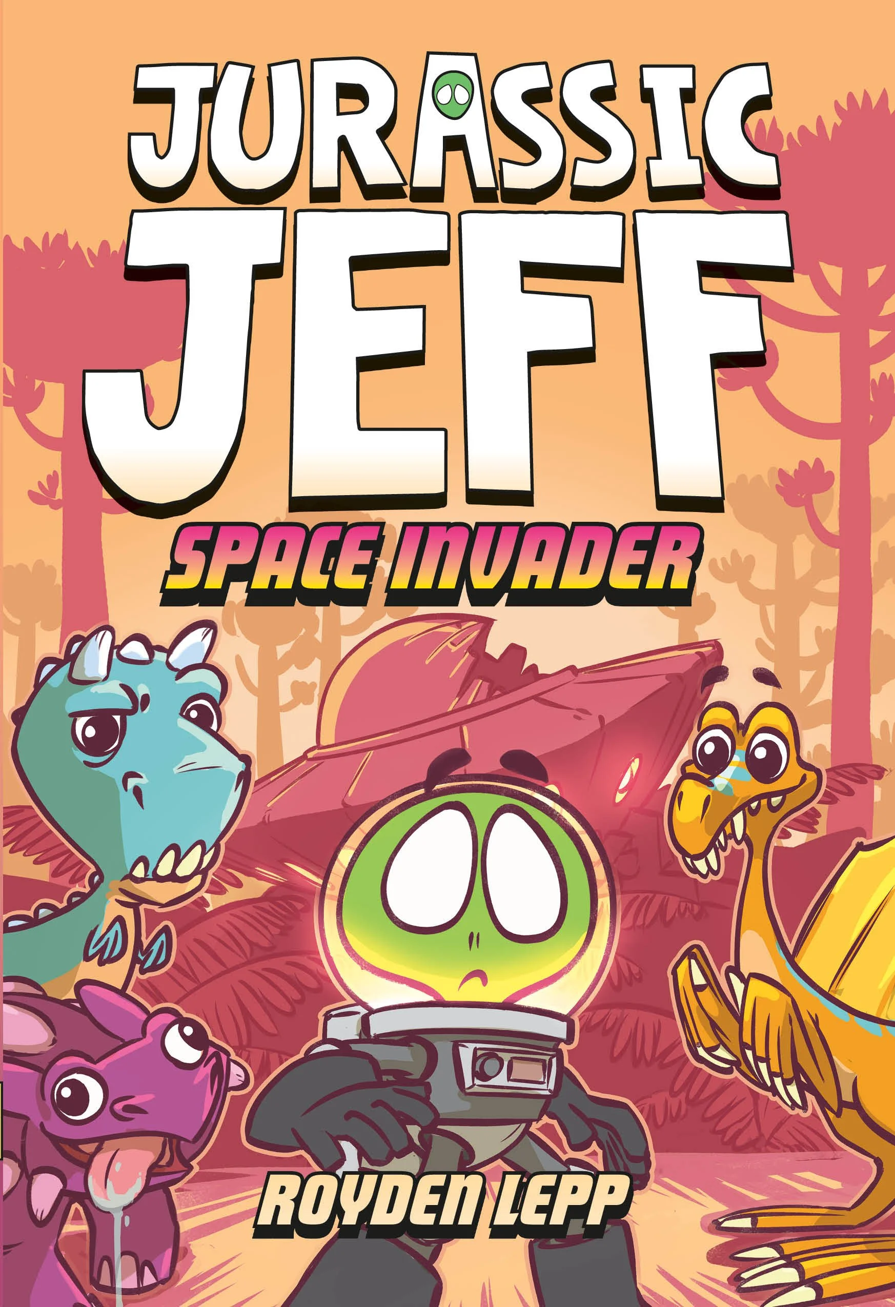 Cover art for the children's book 'Jurassic Jeff: Space Invader' featuring cartoon dinosaurs and Jeff in his space suit in a prehistoric landscape with trees and a spaceship in the background.