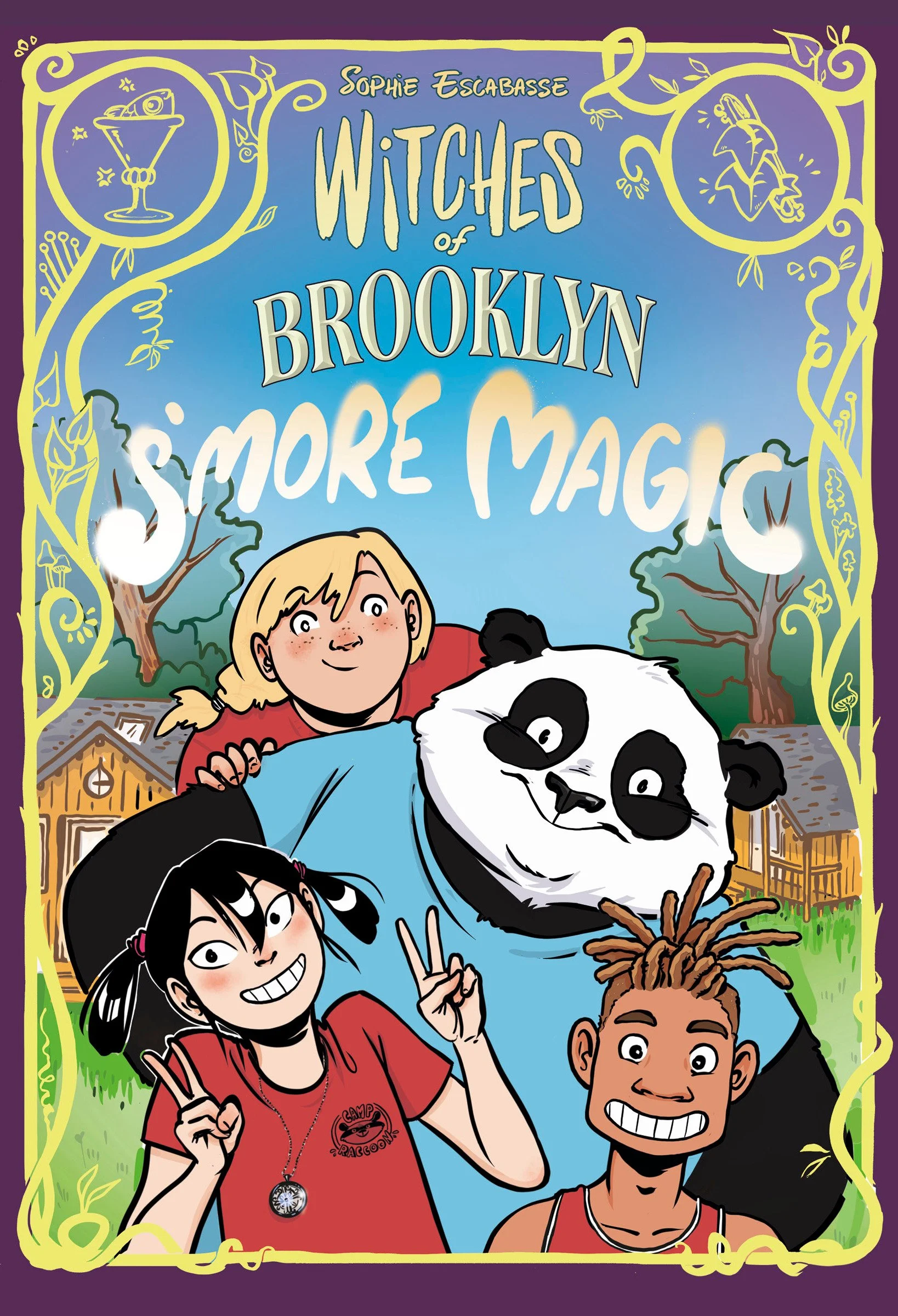 Children with a panda bear holding a stick, outdoors with trees and small wooden cabins, in a colorful illustrated book cover for 'Witches of Brooklyn: S'more Magic' by Sophie Escabasse.