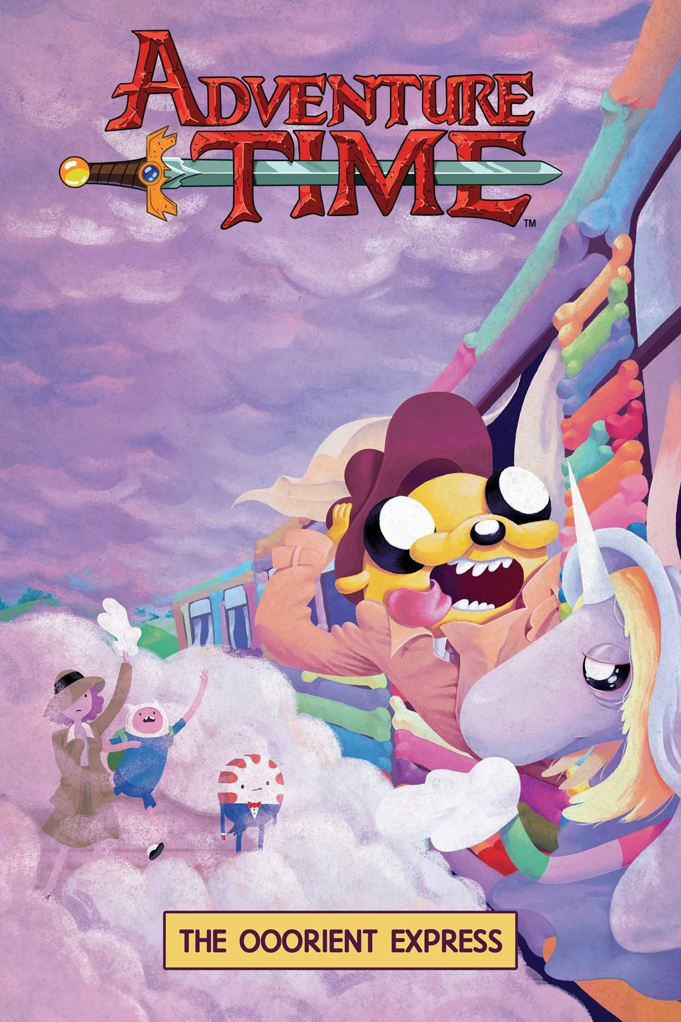 Colorful illustration of characters from Adventure Time, including a unicorn and a large yellow dog, riding a train called The Ooorient Express through a pink, purple, and blue sky with clouds and a rainbow.