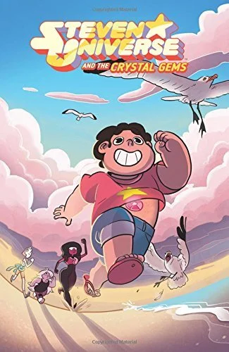 Cover art for Steven Universe and the Crystal Gems featuring Steven jumping with a joyful expression, surrounded by various animals against a pink and blue sky.