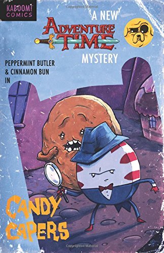Cover of a Valentine's Day special issue of Adventure Time titled 'Candy Capers' featuring Peppermint Butler and Cinnamon Bun dressed as detectives, with a cookie character holding a magnifying glass and a surprised expression, set against a purple a