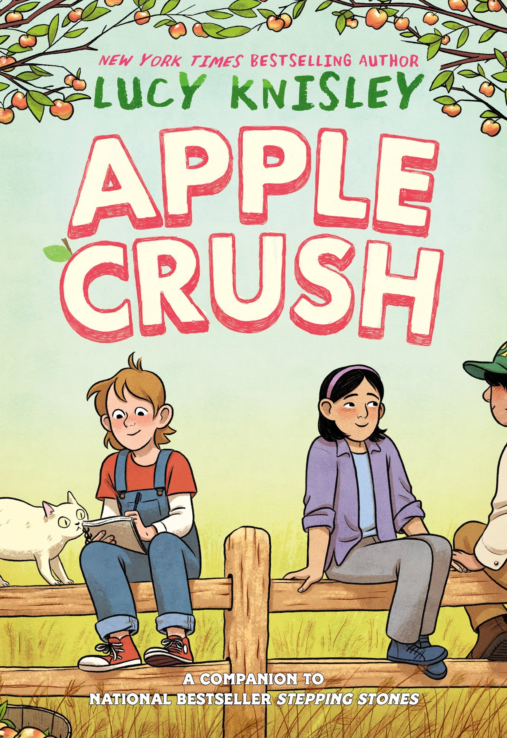 Cover of the book "Apple Crush" by Lucy Knisley featuring children sitting on a wooden fence, with one reading a book, and a girl sitting calmly next to him. The background has a leafy, branch-like border with small orange fruits at the corners.