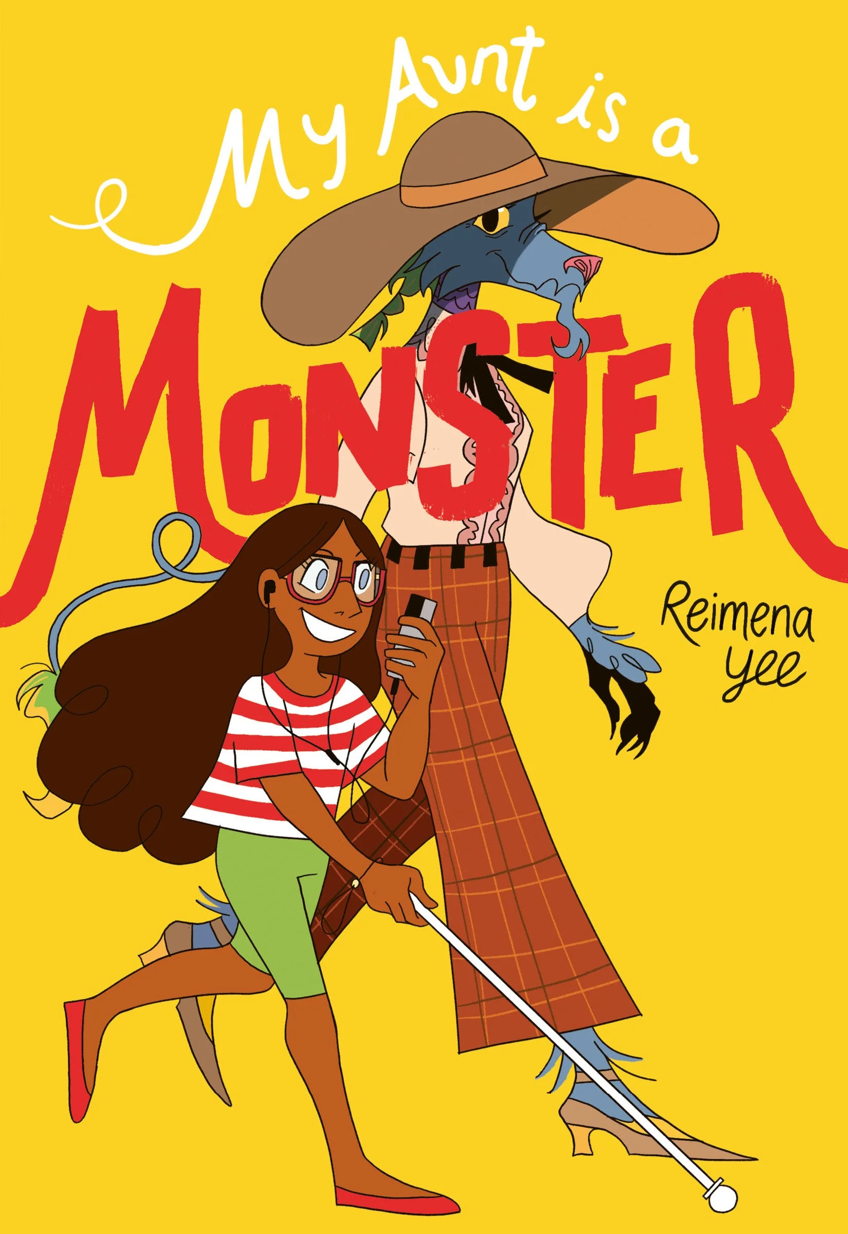 Colorful book cover titled 'My Aunt is a Monster' by Reimena Yee. Features a friendly-looking monster with blue skin, yellow eyes, antlers, a hat, and plaid pants, walking alongside a smiling girl with long brown hair, glasses, a red and white stripe