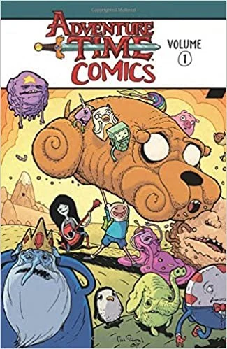 Cover of Adventure Time Comics, Volume 1, featuring various characters from the series including a large lion, a purple fluffy character, a unicorn, a girl playing guitar, and other colorful fantasy characters in a whimsical setting.