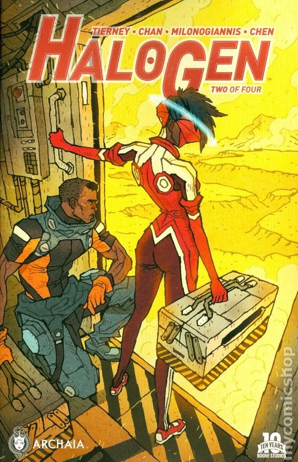 Comic book cover for 'Halogen' featuring a futuristic scene with two characters, one seated in a spacesuit and the other standing in a red and white suit, holding a briefcase, set against a yellow background with industrial elements.