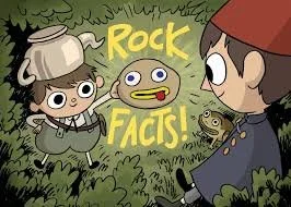 Cartoon children talking about rocks and facts in a grassy area.