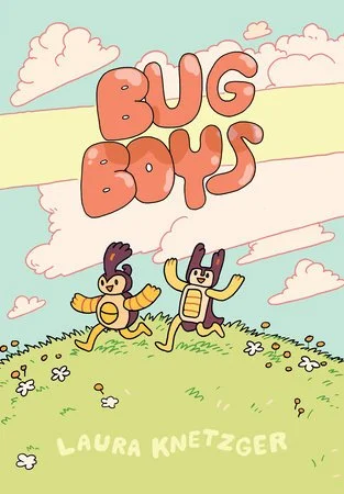 Cover of the children's book 'Bug Boys' by Laura Knetzger, featuring two cartoon bug characters running outdoors on a grassy hill with flowers, clouds in the sky, and a colorful title.