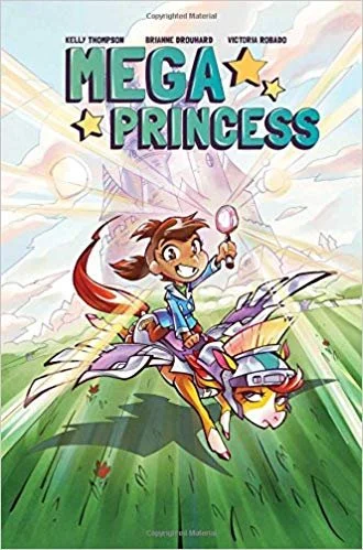 Book cover titled 'Mega Princess' with an animated girl riding a flying flying creature holding a magic wand, with a colorful background of clouds and stars.