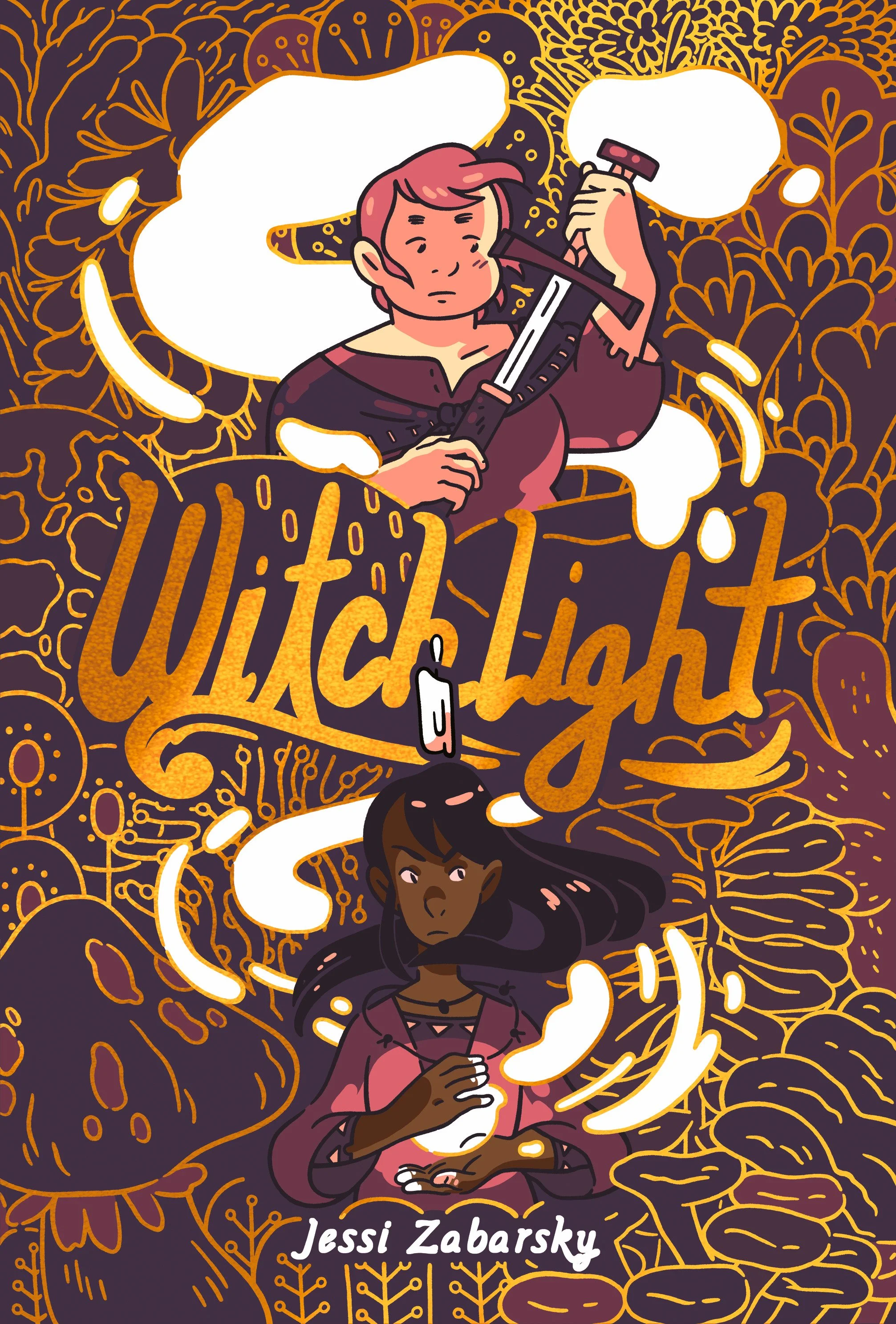 Book cover for 'Witch Light' by Jessi Zabayrsky depicting a pink-haired young woman holding a sword and a dark-skinned young woman holding a crystal ball, surrounded by intricate orange and purple floral and mystical patterns.