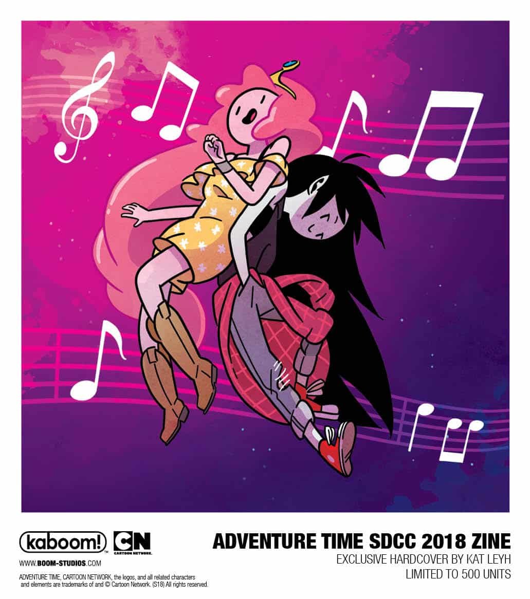 Colorful cartoon illustration of Princess Bubblegum and Marceline from Adventure Time dancing and singing with musical notes and background.