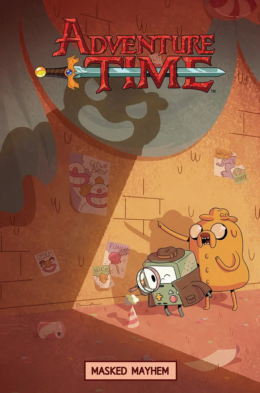 Animated cover of Adventure Time titled "Masked Mayhem" featuring two characters: one resembles a yellow, blob-like dog with glasses and a hat pointing at a wall, and the other looks like a small, green, handheld gaming console with a magnifying glas