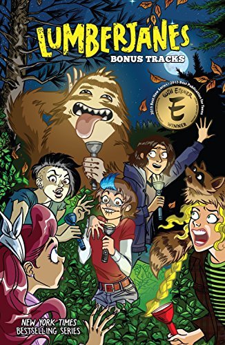 Cover of a books titled "Lumberjanes Bonus Tracks" featuring six girls and a friendly-looking Bigfoot in a forest setting, with some girls holding microphones, and a gold seal with a third-place award.