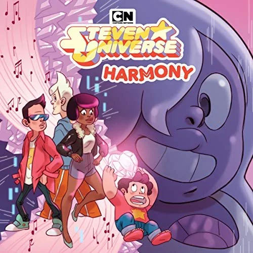 Cover art for the show Steven Universe Harmony featuring characters from the show and a large smiling face in the background.