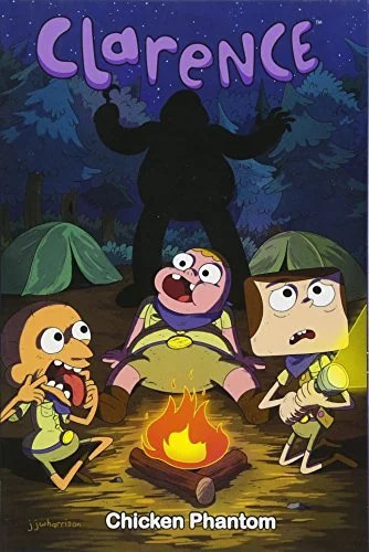 A cartoon poster for the show 'Clarence' featuring three children sitting around a campfire at night, with tents in the background and a shadowy monster silhouette with glowing eyes looming behind them.