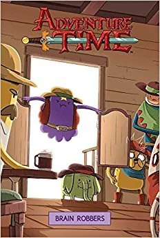 A scene from Adventure Time titled 'Brain Robbers' shows characters in a wooden room, with one character flying through an open door, while others stand inside.